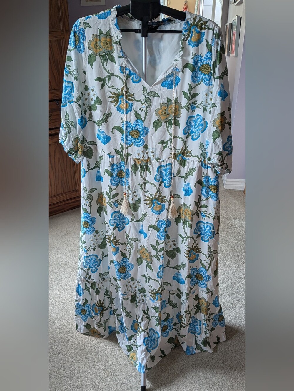 BloomChic White Maxi Dress with Blue & Green Floral Print